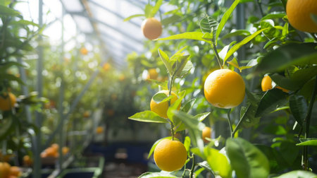 Sunny Orange Trees With Ripening Fruit in a Greenhouseの素材