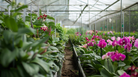 Vibrant Orchid Plants Growing in a Greenhouse During Daylightの素材