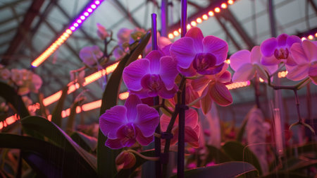 Illuminated Orchids in a Greenhouse at Nightの素材