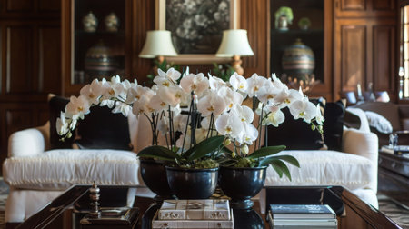 Elegant Living Room With White Orchids on Coffee Table in a Luxurious Homeの素材