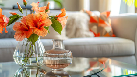 Bright Hibiscus Flowers and Glass Vase in Modern Living Room Decorの素材