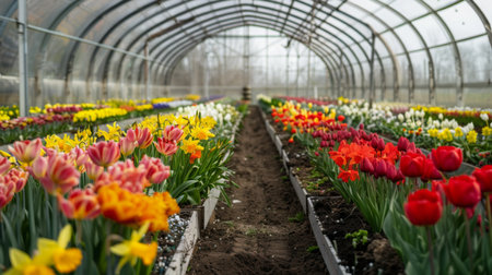 Vibrant Tulip and Flower Display in Greenhouse During Early Springの素材