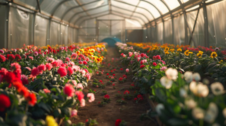 Vibrant Flower Garden Inside Greenhouse During Golden Hourの素材