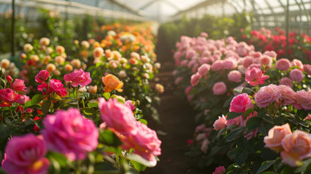 Colorful Roses in Full Bloom at a Greenhouse During Golden Hourの素材