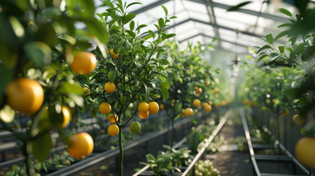 Lush Citrus Grove in Greenhouse During Early Morning Lightの素材