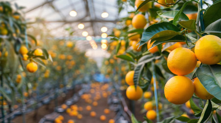 Vibrant Citrus Trees in Greenhouse With Ripe Oranges During Golden Hourの素材