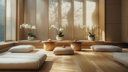 Serene Zen Interior With Natural Light and Minimalist Decor in Modern Living Spaceの素材
