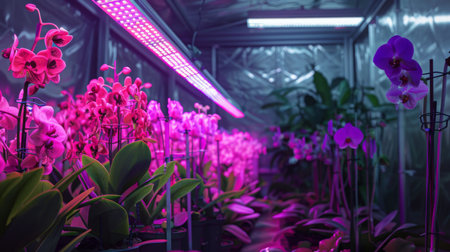 Vibrant Orchids Under LED Grow Lights in Indoor Greenhouseの素材