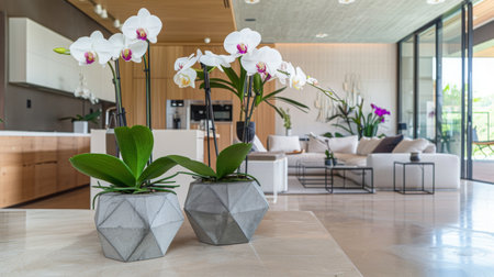 Elegant Orchids in Modern Living Room With Open Concept Design and Natural Lightの素材