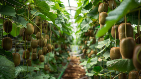 Kiwi Fruit Growing in Greenhouse Rows During Sunny Dayの素材