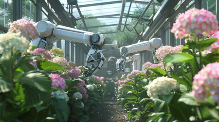 Robotic Arms Tending to Hydrangea Plants in a Modern Greenhouseの素材