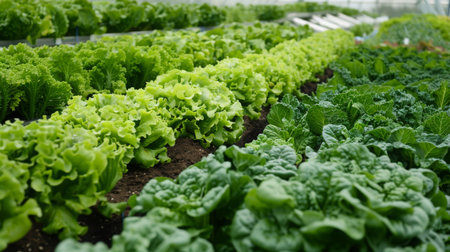 Fresh Green Lettuce and Spinach Growing in a Greenhouse During Daylightの素材