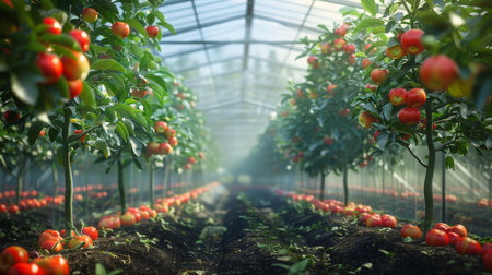 Tomato Plants in Greenhouse Nurtured Under Morning Lightの素材