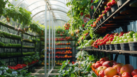 Vibrant Greenhouse Full of Fresh Fruits and Vegetables in Early Morning Lightの素材