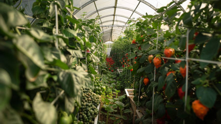 Lush Greenhouse Filled With Vibrant Vegetables and Ripening Fruits in Full Bloomの素材