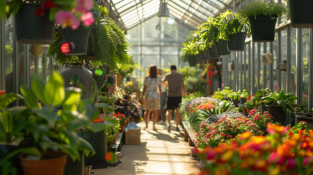 Couple Strolling Through Colorful Greenhouse Filled With Blooming Flowersの素材