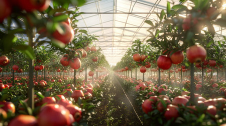 Apple Orchard in Greenhouse With Ripening Red Fruits During Afternoon Lightの素材