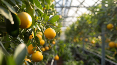 Ripe Citrus Fruits Growing in a Sunny Greenhouse During Late Afternoonの素材