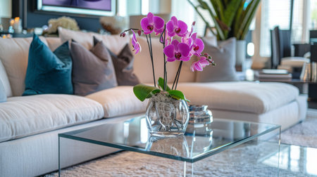 Elegant Living Room With Orchid Arrangement on Glass Table in Contemporary Settingの素材