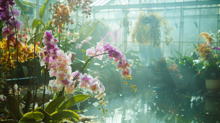 Colorful Orchids in a Lush Greenhouse on a Bright Morningの素材