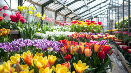 Vibrant Tulip Display in Greenhouse During Springの素材