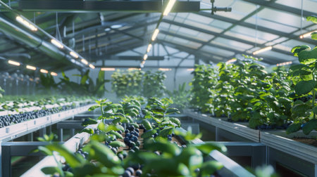 Lush Greenery in a Modern Greenhouse With Blueberries at Middayの素材