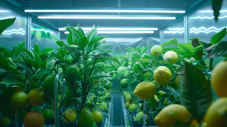 Indoor Lemon Grove With Lush Green Plants and Bright Lightingの素材