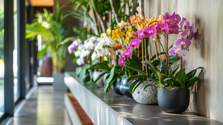 Colorful Orchids Growing in Planters Along Modern Interior Pathwayの素材