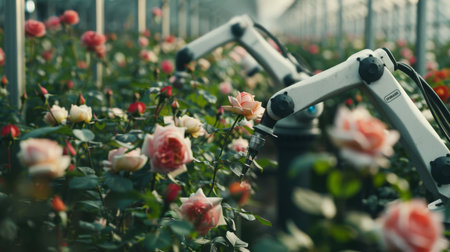 Robotic Arms Tending to Roses in a Greenhouse During Daylightの素材