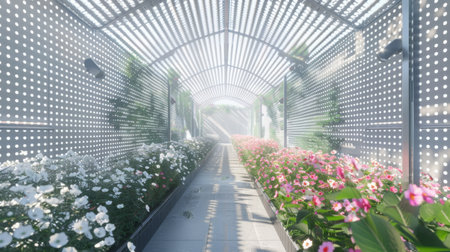 Lush Garden Pathway Under Decorative Canopy in Bright Daylightの素材