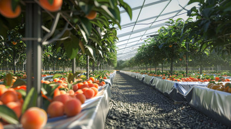 Orchard Harvesting Day in a Greenhouse With Rows of Ripe Orangesの素材