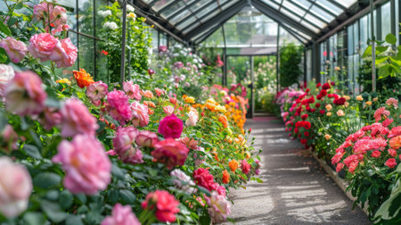 Vibrant Flower Display in a Greenhouse During Late Springの素材