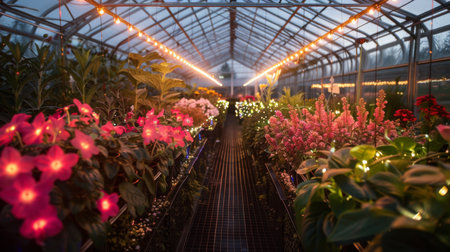 Vibrant Flowers Illuminated in Greenhouse During Evening Hoursの素材