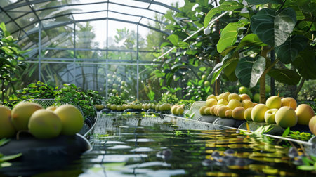 Lush Greenhouse With Floating Citrus Fruits and Reflective Water at Sunriseの素材