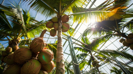 Coconut Palm Trees in Greenhouse Under Bright Sunlightの素材