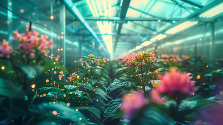 Colorful Flowers Blooming in Vibrant Greenhouse With Bright Neon Lightsの素材