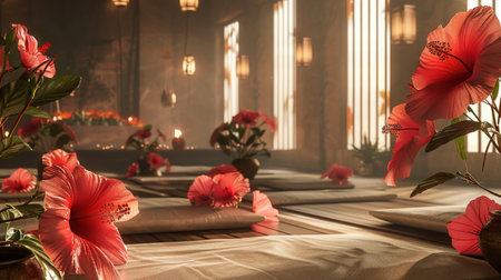 Tranquil Spa Setting With Hibiscus Flowers and Soft Lighting in a Relaxing Roomの素材