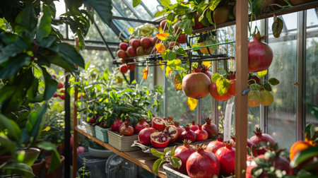 Pomegranates and Peppers Grow in a Sunny Greenhouse During Autumnの素材