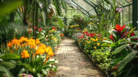 Vibrant Flower Pathway in a Tropical Greenhouse With Lush Plants and Colorful Bloomsの素材