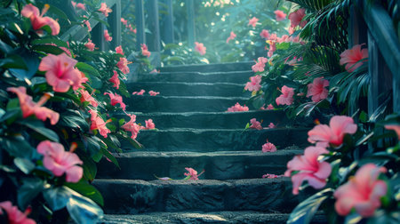 Colorful Blooming Flowers Along Stone Steps in a Lush Garden at Sunriseの素材