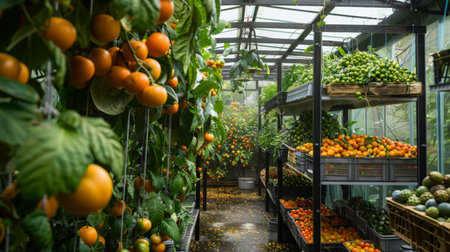 Abundant Harvest of Citrus and Vegetables in Greenhouse During Late Afternoonの素材
