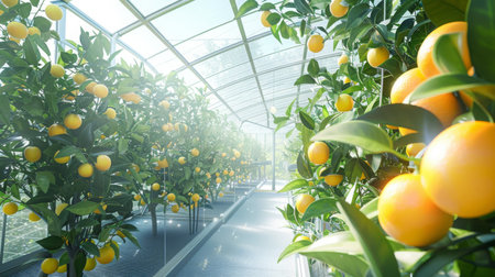 Citrus Grove Greenhouse With Lush Orange Trees and Ripe Fruit in Bright Sunlightの素材