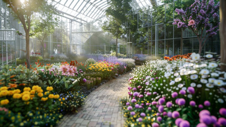 Colorful Garden Pathway in a Serene Greenhouse at Dawnの素材