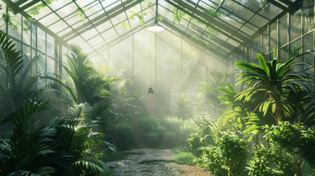 Lush Greenhouse Illuminated by Sunlight With Tropical Plants in Morning Mistの素材