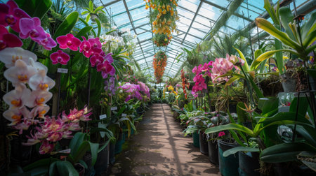 Colorful Orchid Display in Greenhouse Surrounded by Lush Foliage at Middayの素材