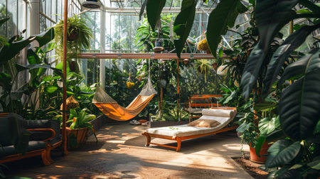 Cozy Relaxation Area in Tropical Greenhouse With Hammock and Lounge Chairの素材