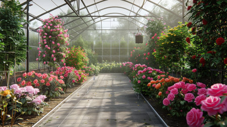 Lush Flower Pathway in Greenhouse Surrounded by Vibrant Blooms During Morning Lightの素材