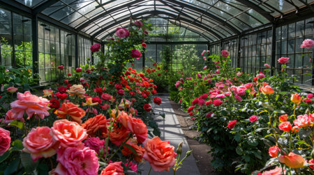 Vibrant Rose Garden Inside Glass Greenhouse During Daylight Hoursの素材