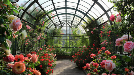 Vibrant Rose Garden in Glasshouse During Daytimeの素材
