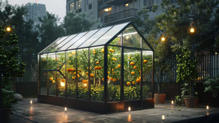 Orange Greenhouse Growers At Dusk In Urban Setting With Illuminated Plantsの素材